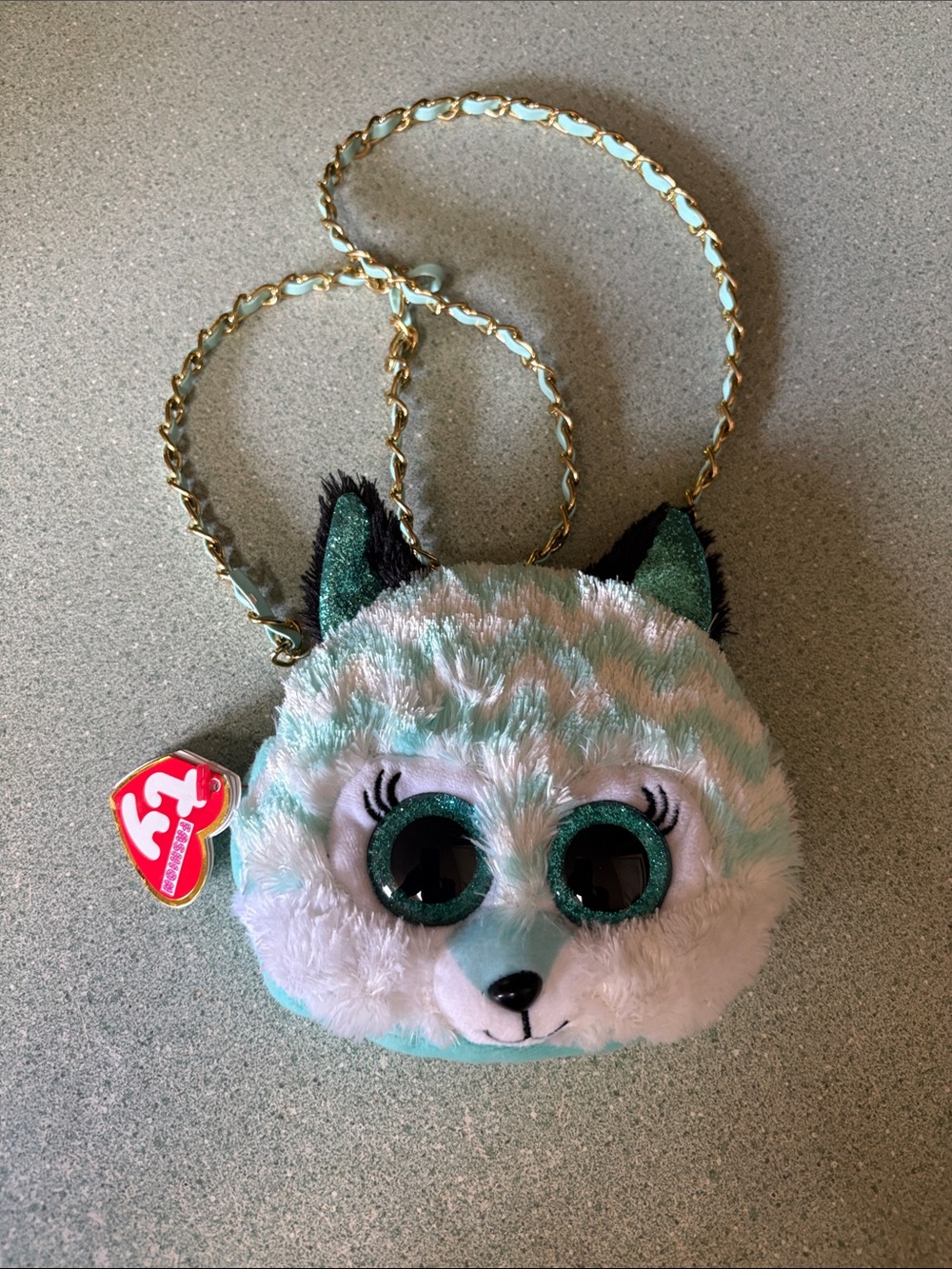 Ty Plush Fox Crossbody Bag in Mint and White with Gold Chain